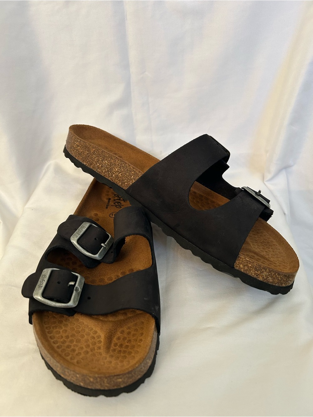 Classic Double-Buckle Black Cork Footbed Sandals